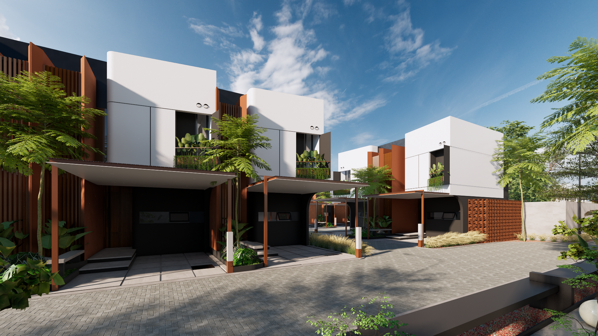 Desain fasad Perumahan modern minimalis dengan nuansa arsitektur tropis